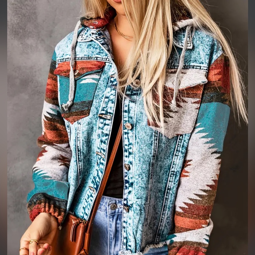 New with out tag Cozy Native Aztec Tribal Western denim jacket with hoodie